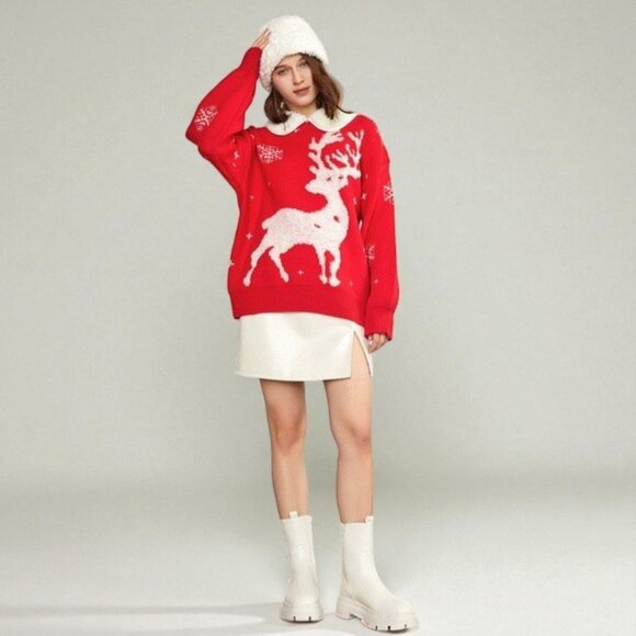 NWT J.ING Jing Red Pullover Oversize Christmas Sweater w/ White Collar One Size - Picture 1 of 9